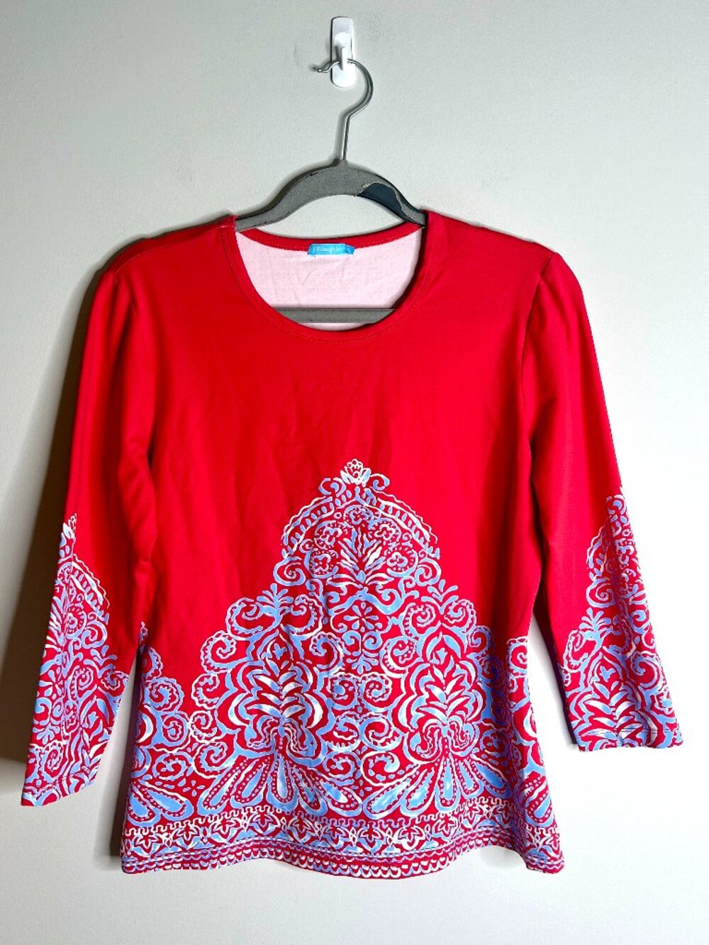 J. McLaughlin Catalina Cloth Bright Red Boho Print 3/4 Sleeve Top Preppy Beach M